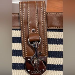 Crossbody bag. Chaps bag. Leather and nylon. Brown, blue and white. 9L x 8.5W.
